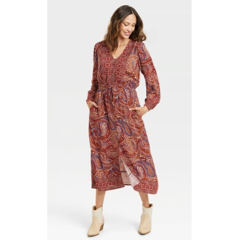 Knox Rose Dress Womens 2X Red‎ Paisley Rayon Long Sleeve Boho Cottagecore Midi